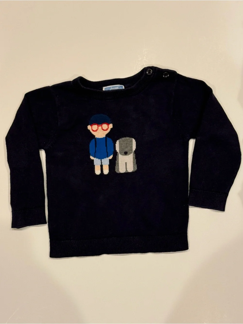 Jacadi Paris 24M Navy Cotton Sweater Boy & Dog Intarsia Knit Pullover 2T